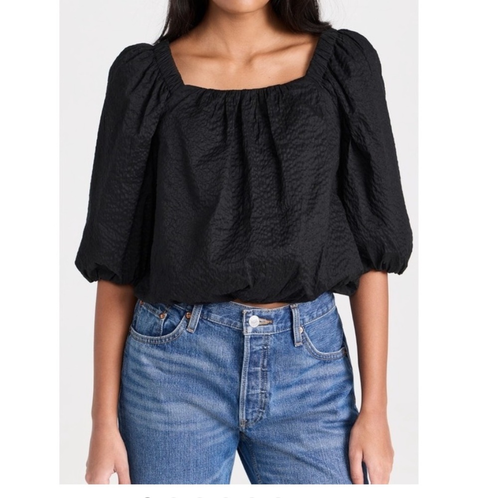 AYR Black Textured Puff-Sleeve Square-Neck Blouse